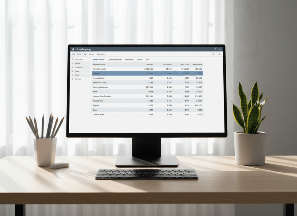 An elegant desktop scene featuring a matte-black computer monitor displaying a pristine bookkeeping dashboard with neatly categorized income and expense columns in soft blues and grays. In front of the monitor sits a slim, wireless keyboard, a minimalist white ceramic cup filled with sharpened graphite pencils, and a small potted snake plant in a concrete planter adding structured greenery. The desk surface is a light ash wood, flawlessly clean. Gentle morning daylight filters through sheer white blinds behind the monitor, creating a refined, diffused glow and delicate shadows. Photographic realism, shot straight-on at eye level with balanced framing and moderate depth of field, keeping all desk items in crisp focus while the background wall remains softly blurred. The overall atmosphere is composed, modern, and highly organized, communicating efficiency and quiet confidence in financial management.