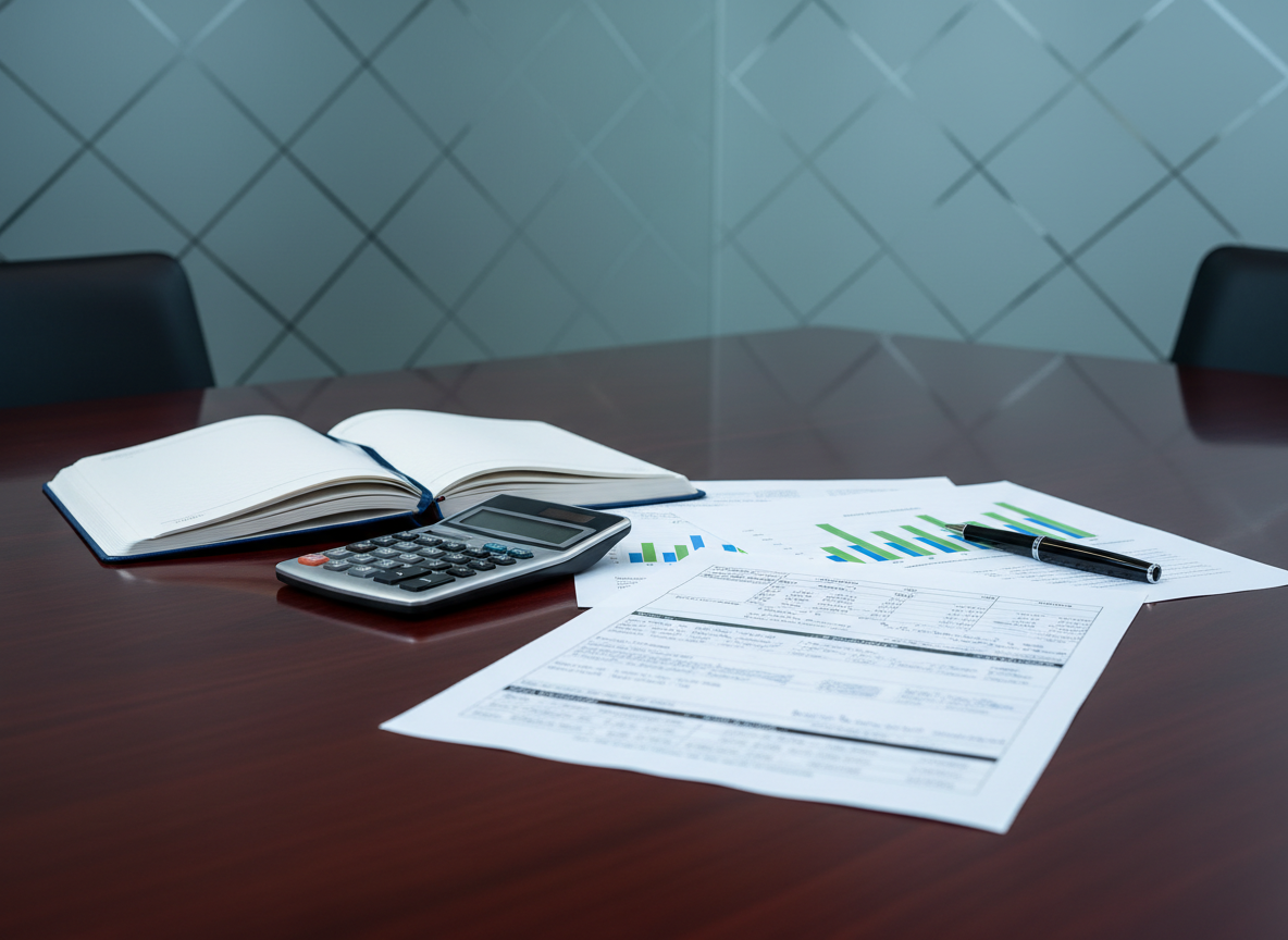 A close-up view of a polished dark wood conference table with neatly arranged financial documents displaying bar charts, balance sheets, and tidy handwritten notes in blue ink. A refined navy-blue hardcover notebook lies open beside a brushed metal calculator and a fine-tip black pen aligned parallel to the paper’s edge. In the background, a frosted glass wall with a subtle geometric pattern hints at a high-end office. Cool, diffused overhead lighting casts soft, even illumination with minimal shadows. Captured from a slightly elevated angle in photographic realism, the composition follows the rule of thirds, emphasizing clarity and precision, creating a calm, sophisticated mood ideal for a professional bookkeeping service.
