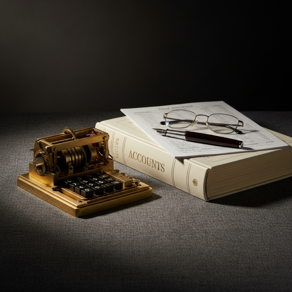 A refined still life of classic bookkeeping tools arranged on a textured charcoal fabric surface: an antique-style brass mechanical calculator, a thick ivory ledger book with gold-embossed spine reading “Accounts”, a smooth ebony fountain pen with a silver nib, and a pair of understated reading glasses folded neatly on top of a crisp printed trial balance. The background fades into a soft, dark gradient, with a single, warm spotlight from the upper left creating gentle highlights on the brass and pen, and long, elegant shadows that stretch diagonally. Photographic realism with dramatic yet controlled lighting, captured in a centered composition at a low angle, emphasizes the tangible weight and timelessness of meticulous financial record-keeping, suggesting heritage-level care and sophistication in bookkeeping services.
