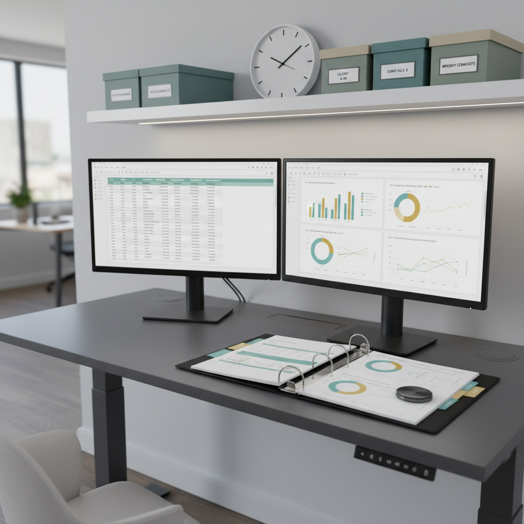 A high-end bookkeeping workspace with two large, ultra-thin monitors placed on a sleek, charcoal-gray standing desk. One screen shows a detailed general ledger with multiple accounts, the other displays neatly formatted financial reports and graphs in muted teal and gold tones. Beside the monitors, an open binder with color-coded tabs and carefully aligned printed reports rests on the desk, anchored by a brushed steel paperweight. Cable management channels keep all cords invisible for a pristine look. Soft, cool-toned LED strip lighting runs under a floating shelf above, illuminating a row of labeled archival boxes and a minimalist analog clock. Photographic realism, shot from a three-quarter angle with sharp focus throughout, conveys a sophisticated, highly organized environment that projects reliability and long-term stability.
